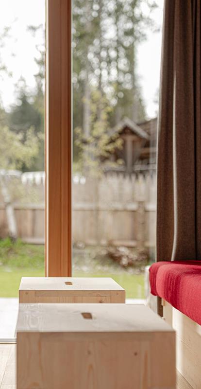 Living room and patio of the Wellness Lodge